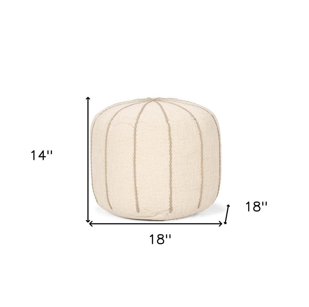 18" Beige and Taupe Fabric Striped Round Pouf Ottoman HomeRoots
