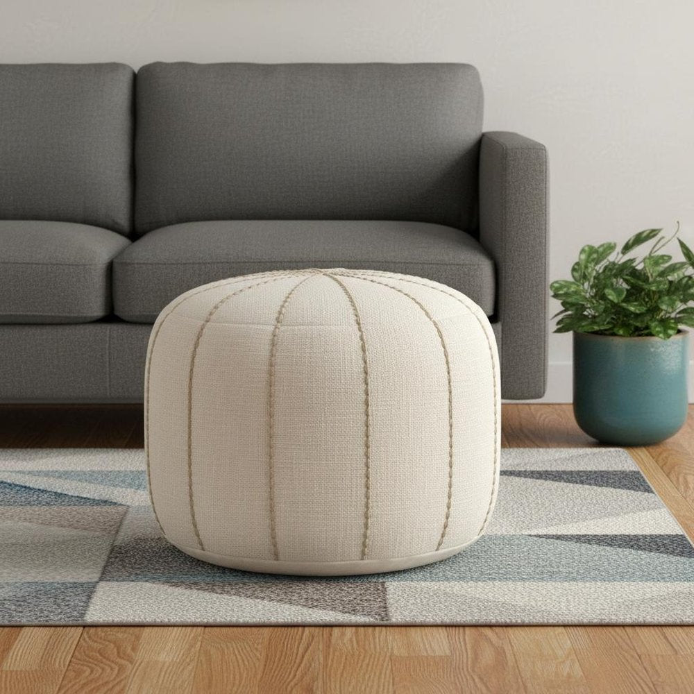 18" Beige and Taupe Fabric Striped Round Pouf Ottoman HomeRoots