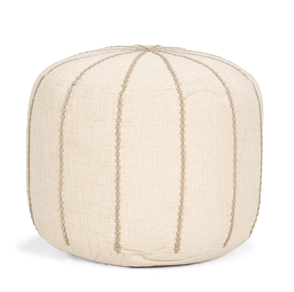 18" Beige and Taupe Fabric Striped Round Pouf Ottoman HomeRoots