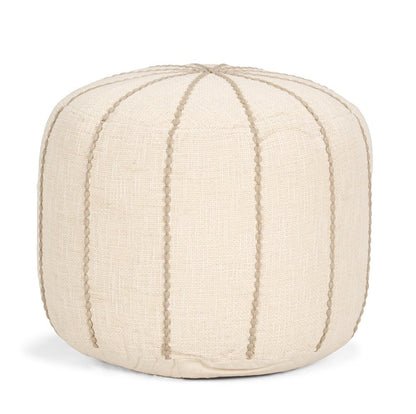 18" Beige and Taupe Fabric Striped Round Pouf Ottoman HomeRoots