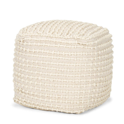 16" Beige and Cream Wool Striped Cube Pouf Ottoman HomeRoots