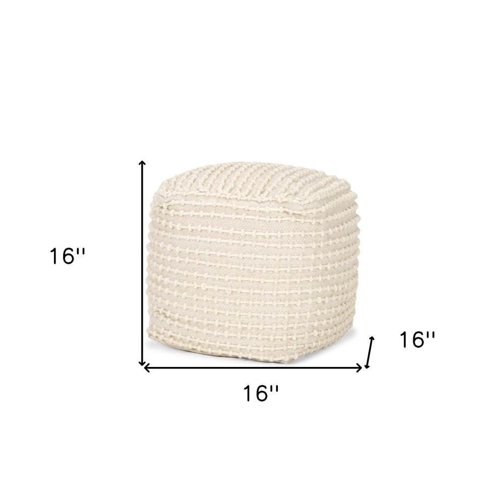 16" Beige and Cream Wool Striped Cube Pouf Ottoman HomeRoots