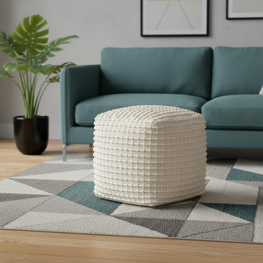 16" Beige and Cream Wool Striped Cube Pouf Ottoman HomeRoots