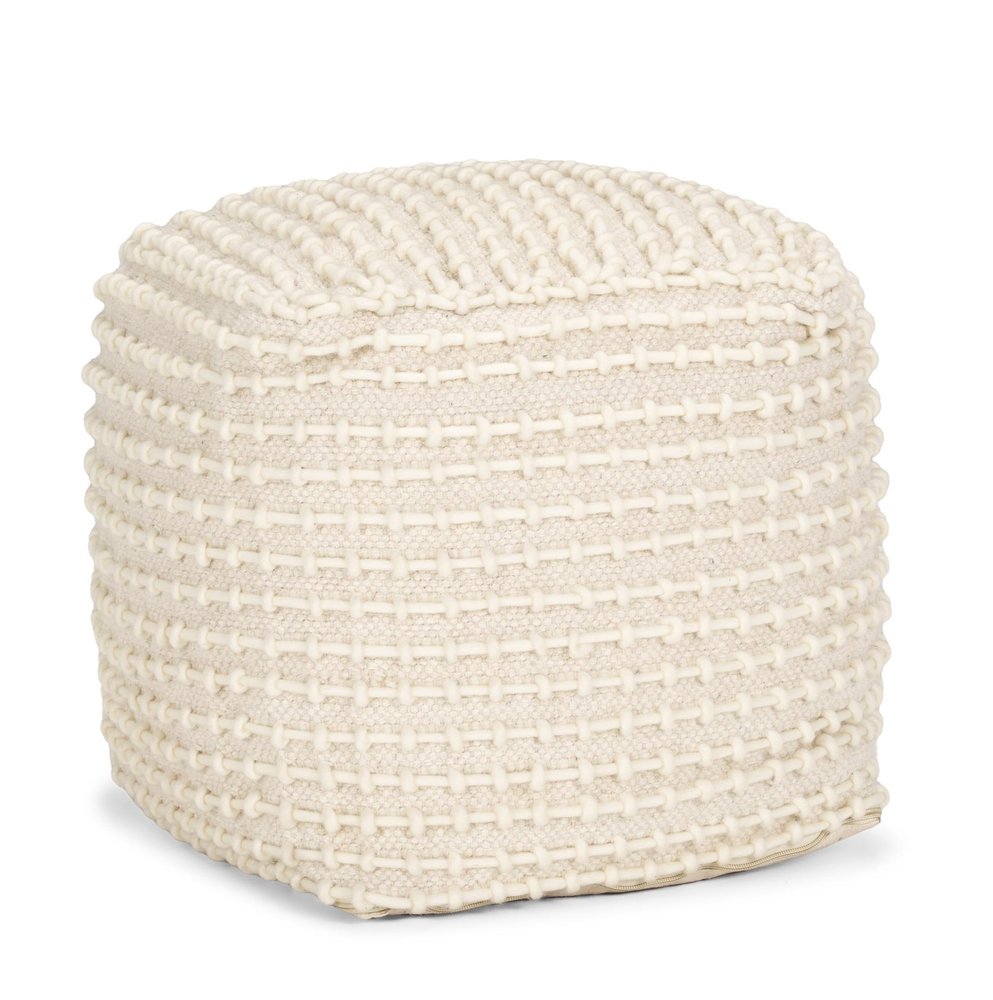 16" Beige and Cream Wool Striped Cube Pouf Ottoman HomeRoots