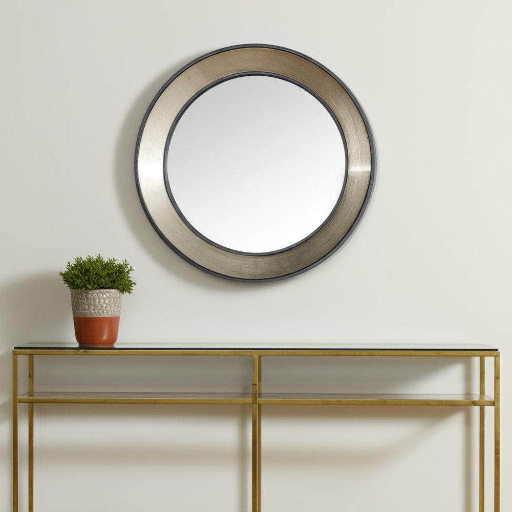 22" Champagne And Dark Brown Metal And Solid Wood Round Framed Accent Mirror HomeRoots
