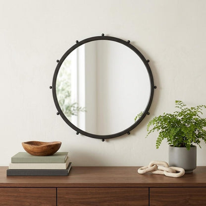 25" Black Metal Beaded Round Framed Accent Mirror HomeRoots