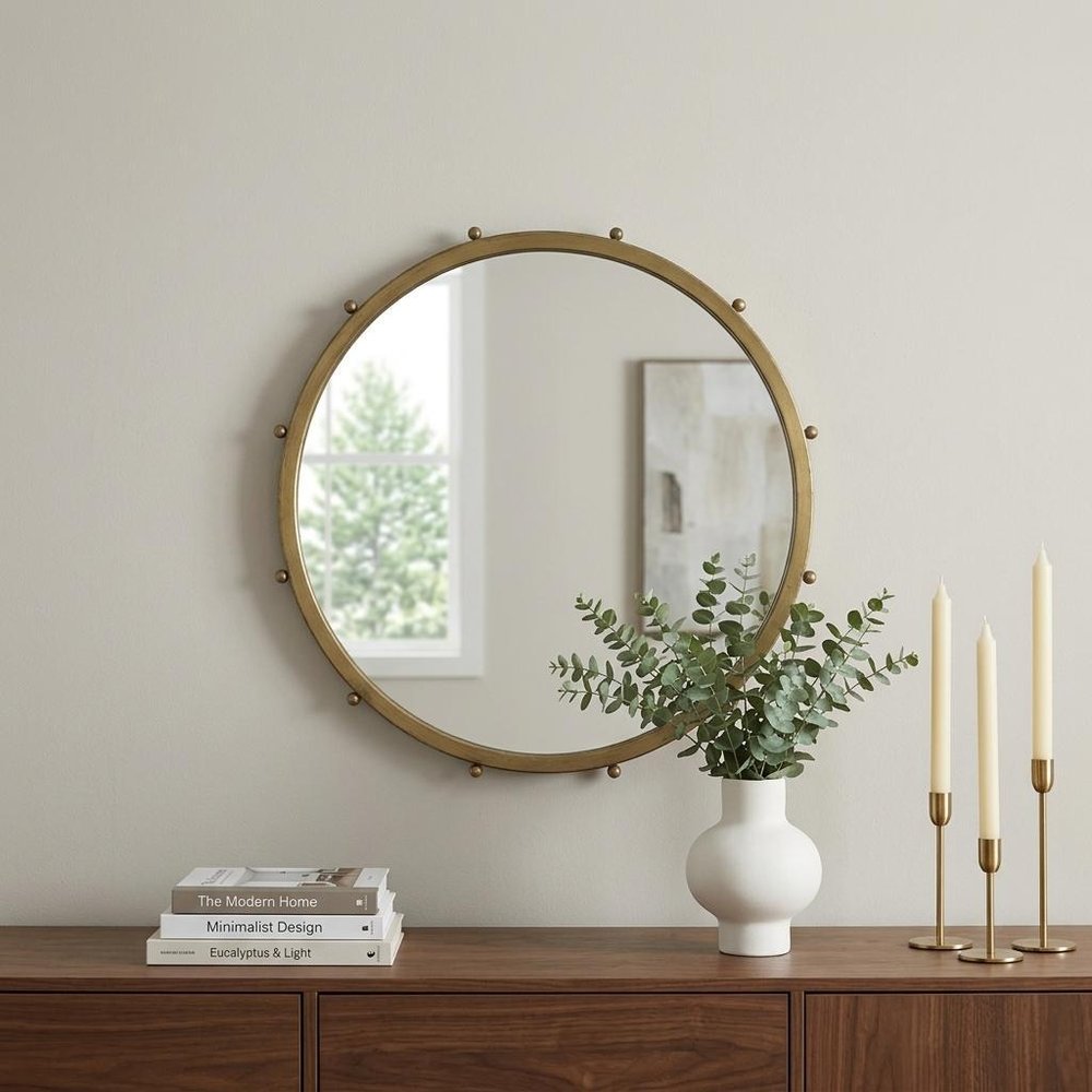 25" Gold Metal Beaded Round Framed Accent Mirror HomeRoots