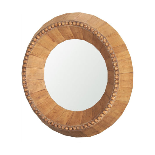 30" Brown Solid Wood Faceted And Beaded Round Framed Accent Mirror HomeRoots