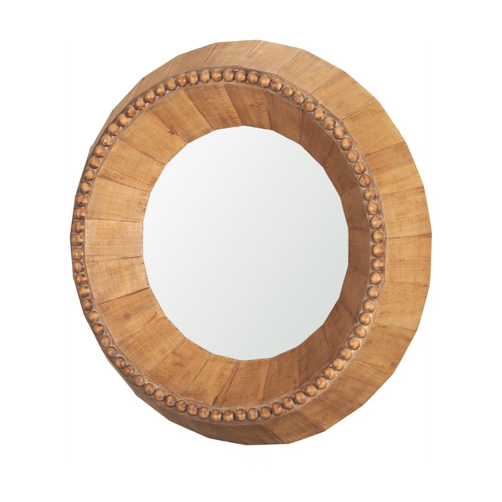 30" Brown Solid Wood Faceted And Beaded Round Framed Accent Mirror HomeRoots