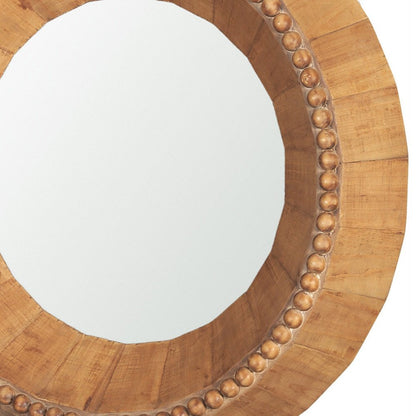 30" Brown Solid Wood Faceted And Beaded Round Framed Accent Mirror HomeRoots
