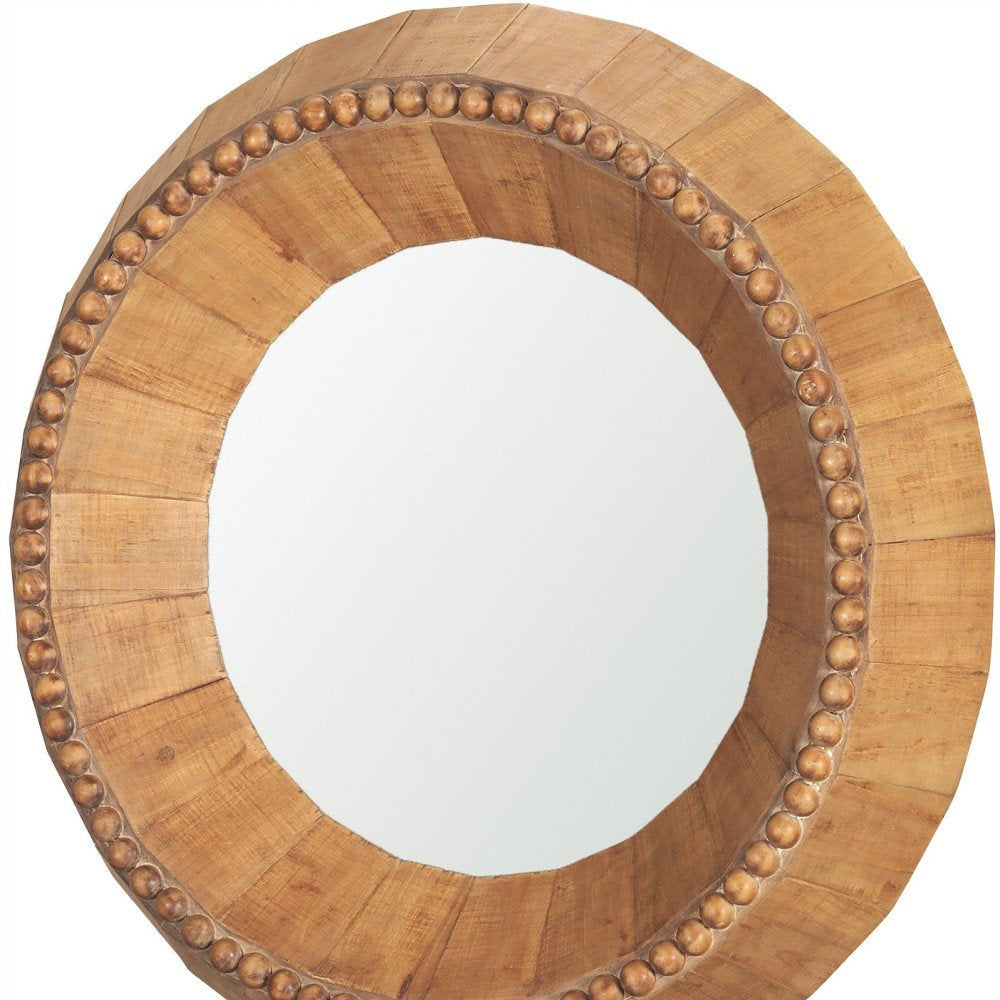 30" Brown Solid Wood Faceted And Beaded Round Framed Accent Mirror HomeRoots