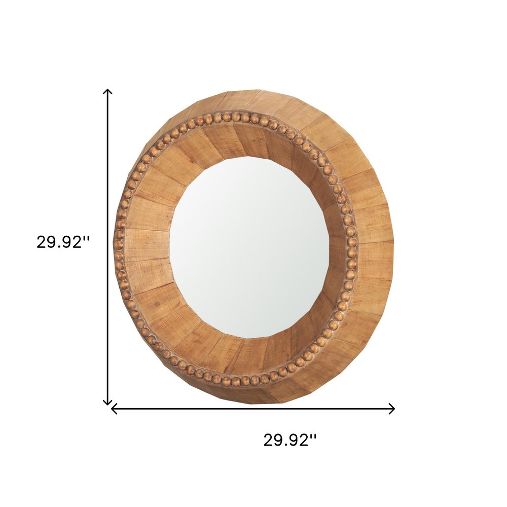 30" Brown Solid Wood Faceted And Beaded Round Framed Accent Mirror HomeRoots