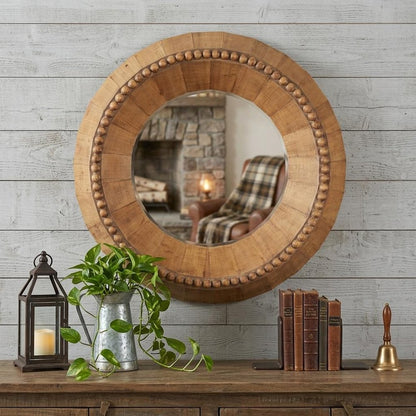 30" Brown Solid Wood Faceted And Beaded Round Framed Accent Mirror HomeRoots