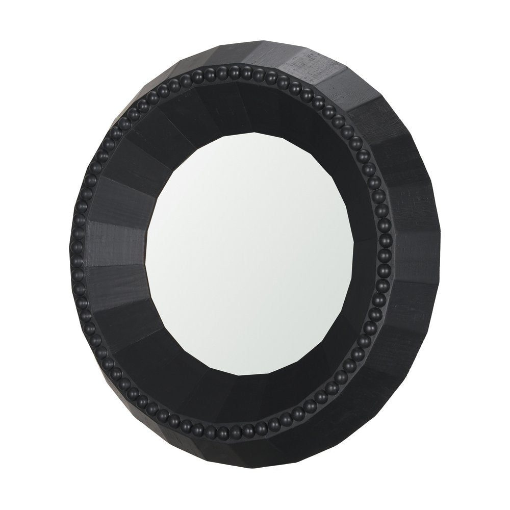 30" Black Solid Wood Faceted And Beaded Round Framed Accent Mirror HomeRoots