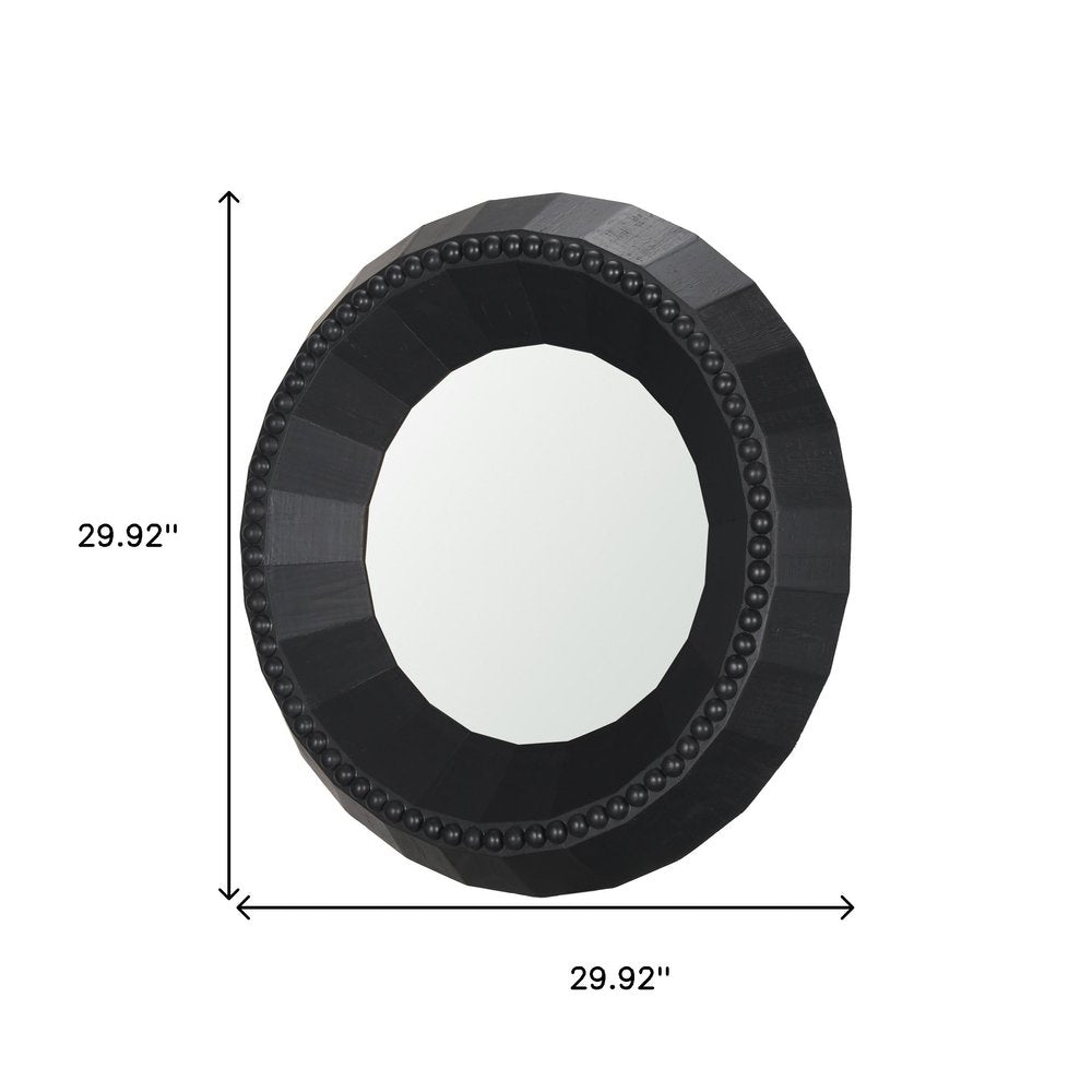 30" Black Solid Wood Faceted And Beaded Round Framed Accent Mirror HomeRoots