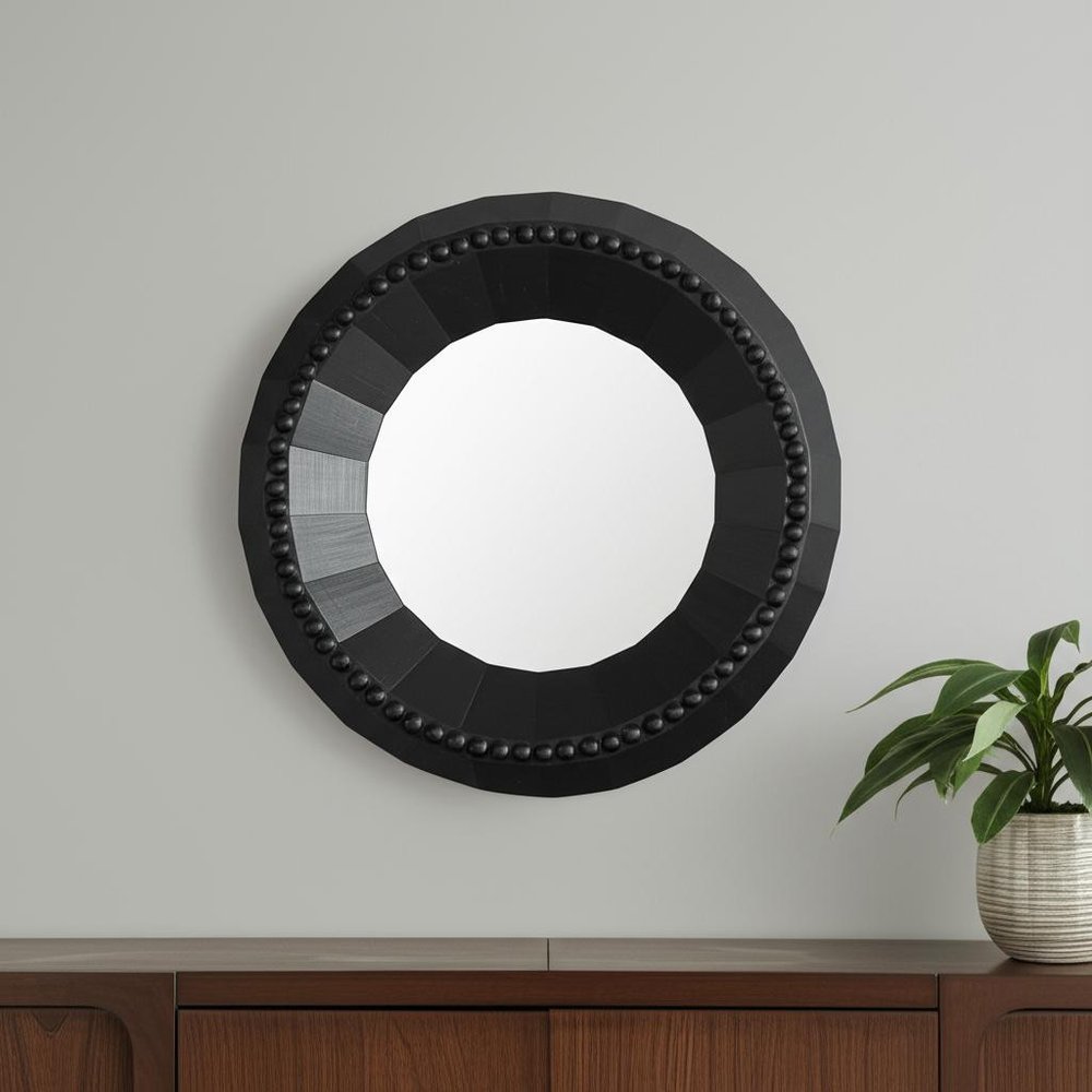30" Black Solid Wood Faceted And Beaded Round Framed Accent Mirror HomeRoots