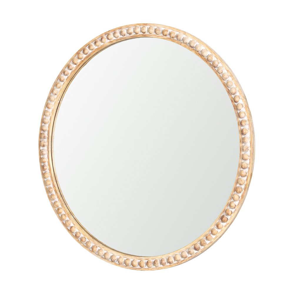 30" Natural Solid Wood Beaded Round Framed Accent Mirror HomeRoots