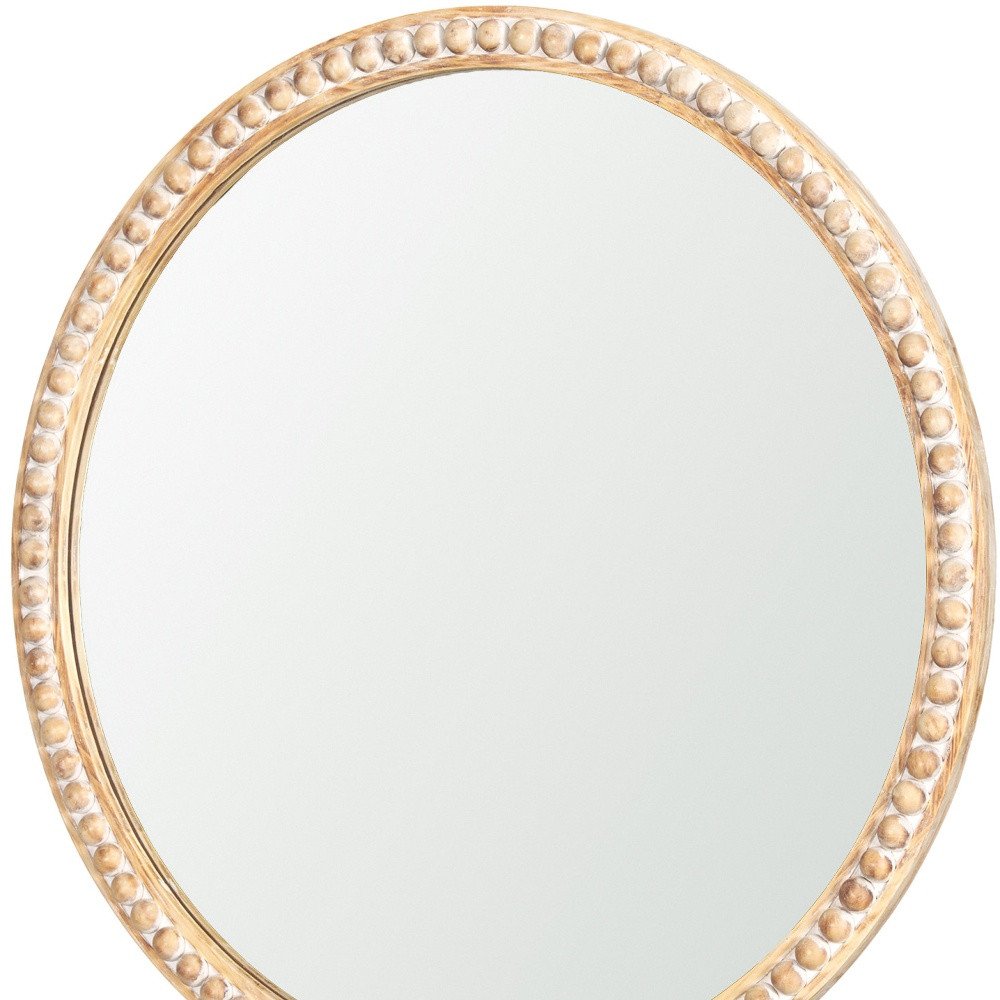 30" Natural Solid Wood Beaded Round Framed Accent Mirror HomeRoots
