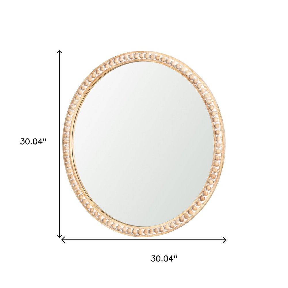 30" Natural Solid Wood Beaded Round Framed Accent Mirror HomeRoots