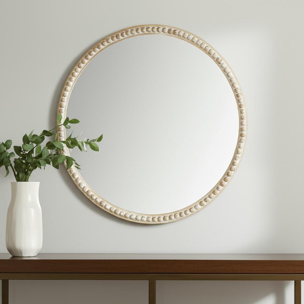 30" Natural Solid Wood Beaded Round Framed Accent Mirror HomeRoots