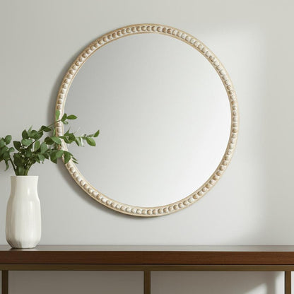 30" Natural Solid Wood Beaded Round Framed Accent Mirror HomeRoots