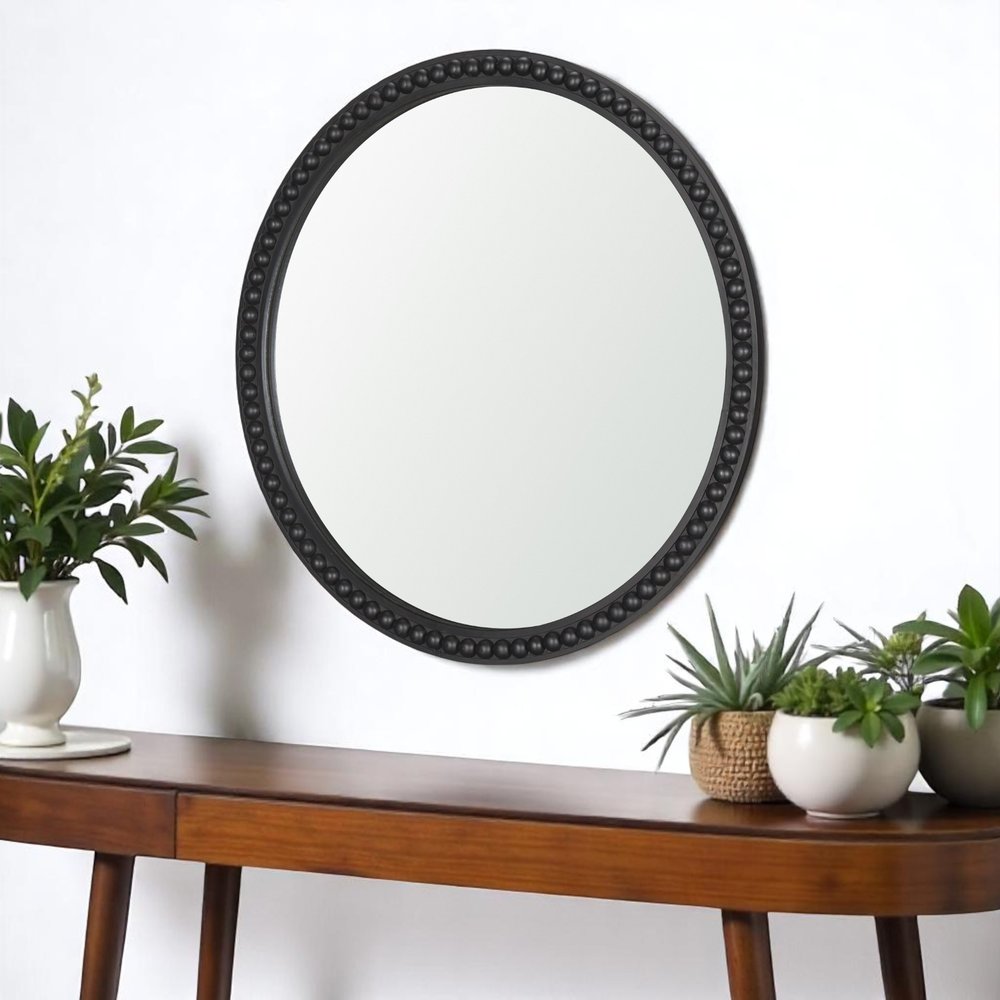 30" Black Solid Wood Beaded Round Framed Accent Mirror HomeRoots