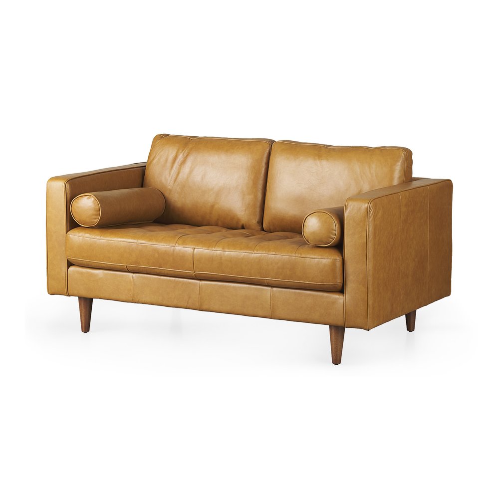 65" Tan Leather Sofa With Brown Legs HomeRoots