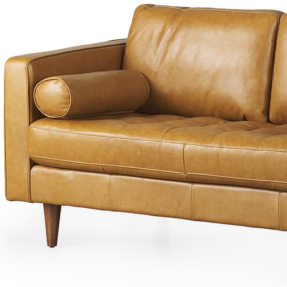 65" Tan Leather Sofa With Brown Legs HomeRoots