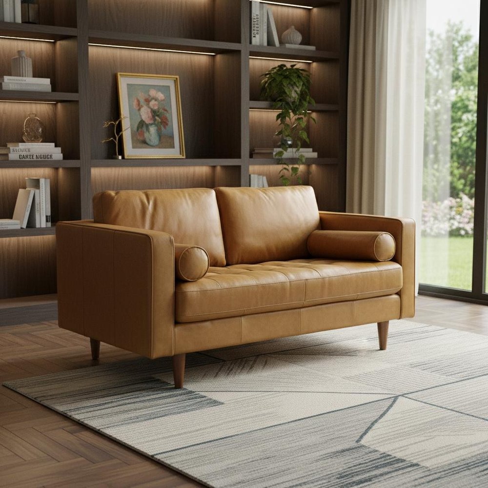 65" Tan Leather Sofa With Brown Legs HomeRoots