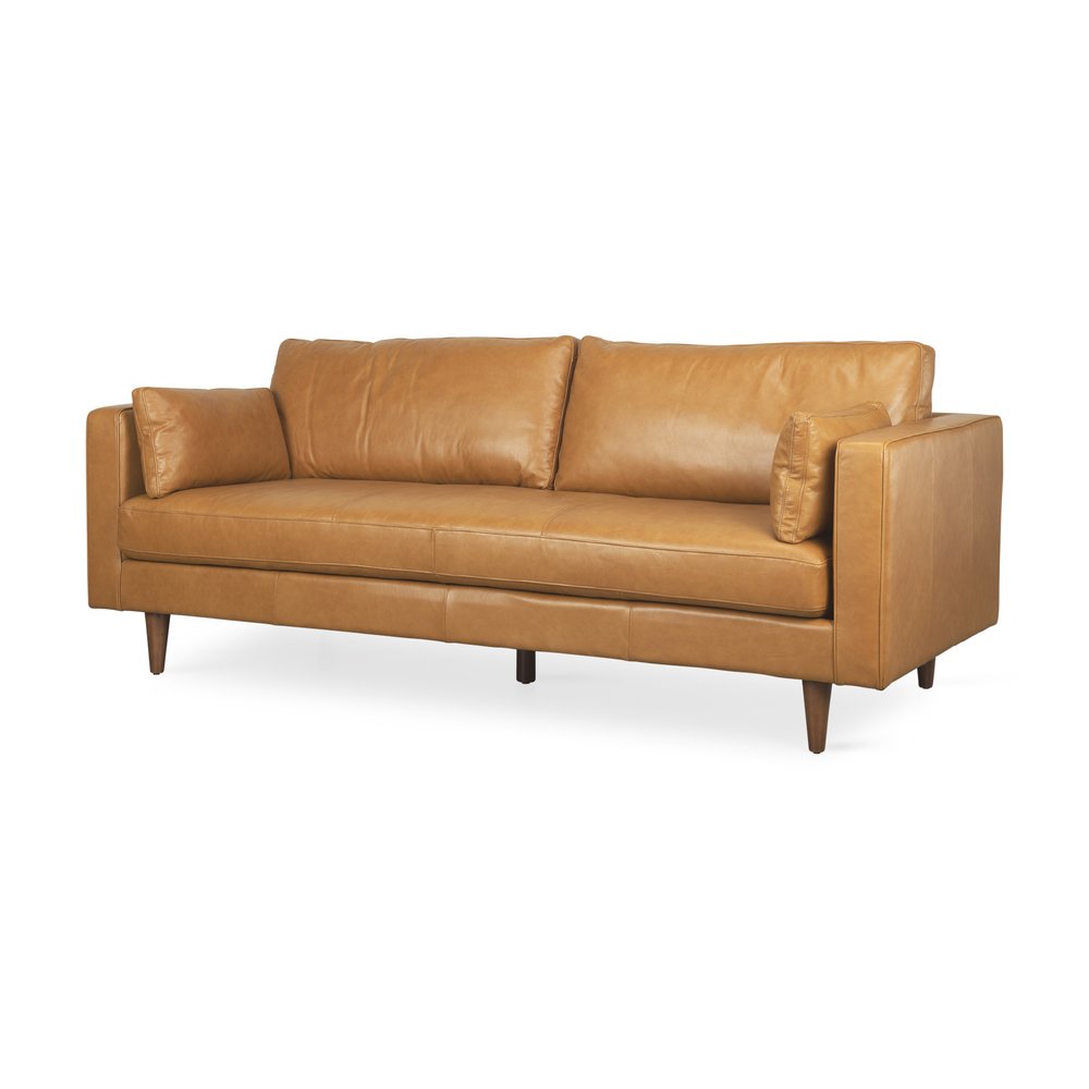 88" Tan Leather Sofa And Toss Pillows With Brown Legs HomeRoots