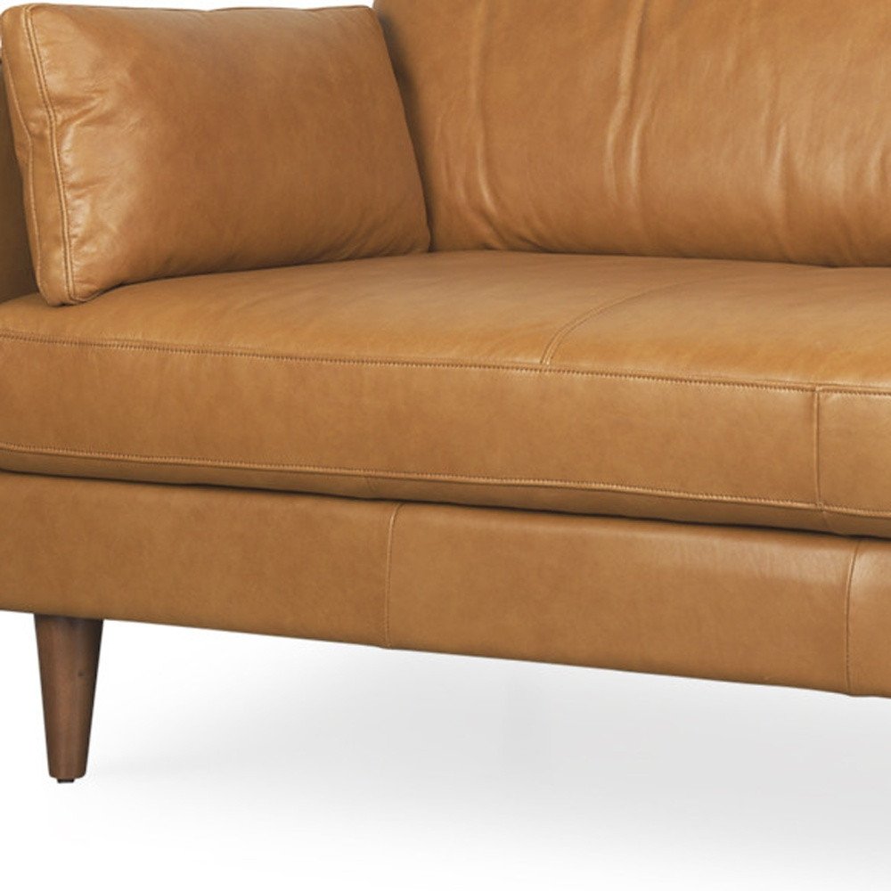 88" Tan Leather Sofa And Toss Pillows With Brown Legs HomeRoots