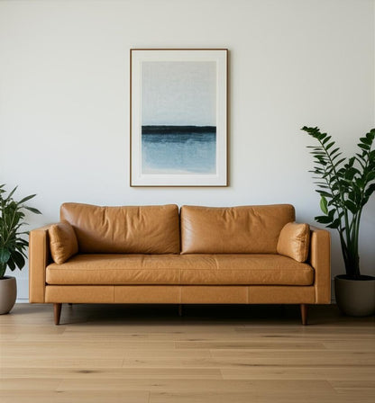88" Tan Leather Sofa And Toss Pillows With Brown Legs HomeRoots