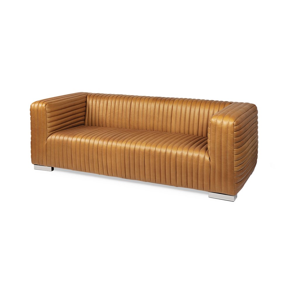 83" Brown Channel Tufted Leather Sofa HomeRoots