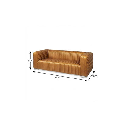 83" Brown Channel Tufted Leather Sofa HomeRoots