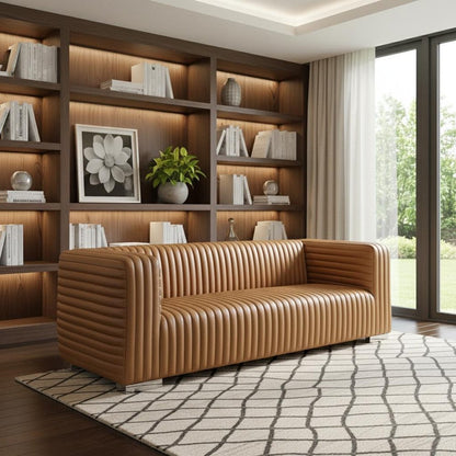 83" Brown Channel Tufted Leather Sofa HomeRoots