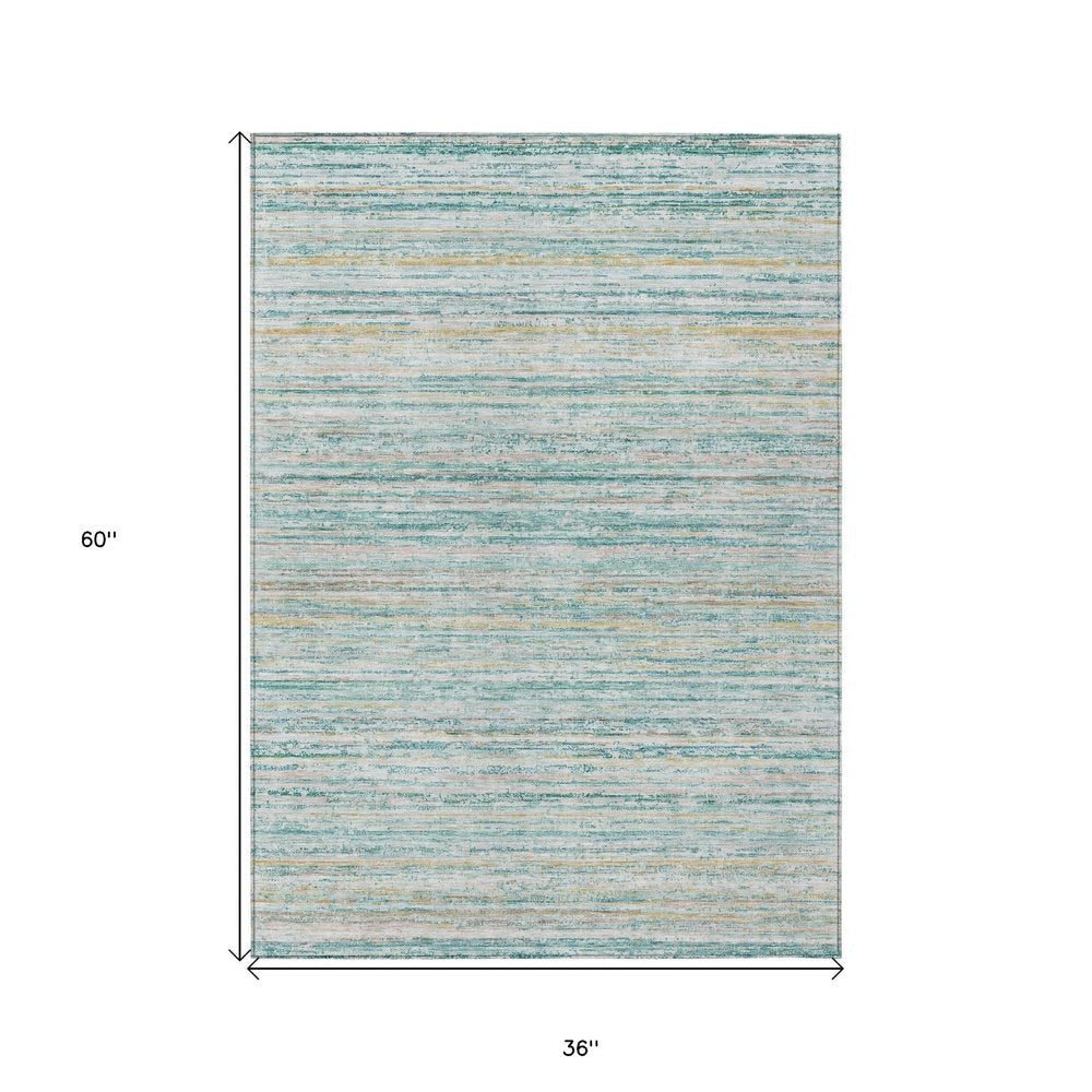 3' X 5' Teal Blue Striped Washable Indoor Outdoor Area Rug — view 7