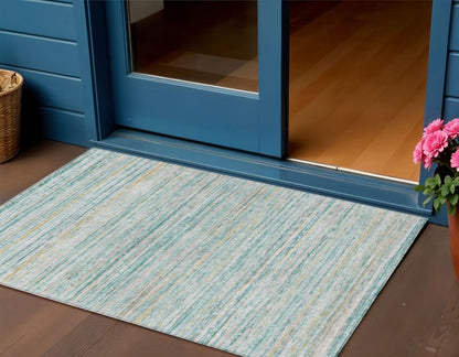 3' X 5' Teal Blue Striped Washable Indoor Outdoor Area Rug HomeRoots