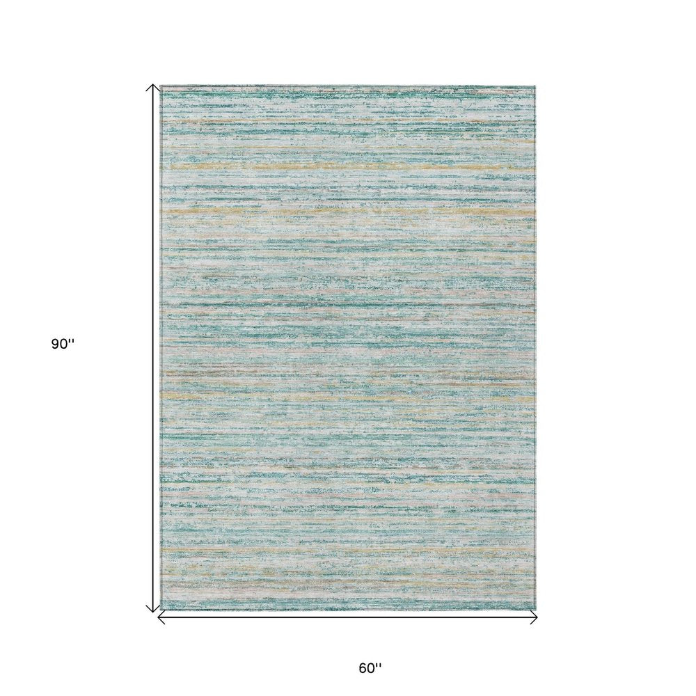 3' X 5' Teal Blue Striped Washable Indoor Outdoor Area Rug HomeRoots