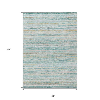 3' X 5' Teal Blue Striped Washable Indoor Outdoor Area Rug HomeRoots