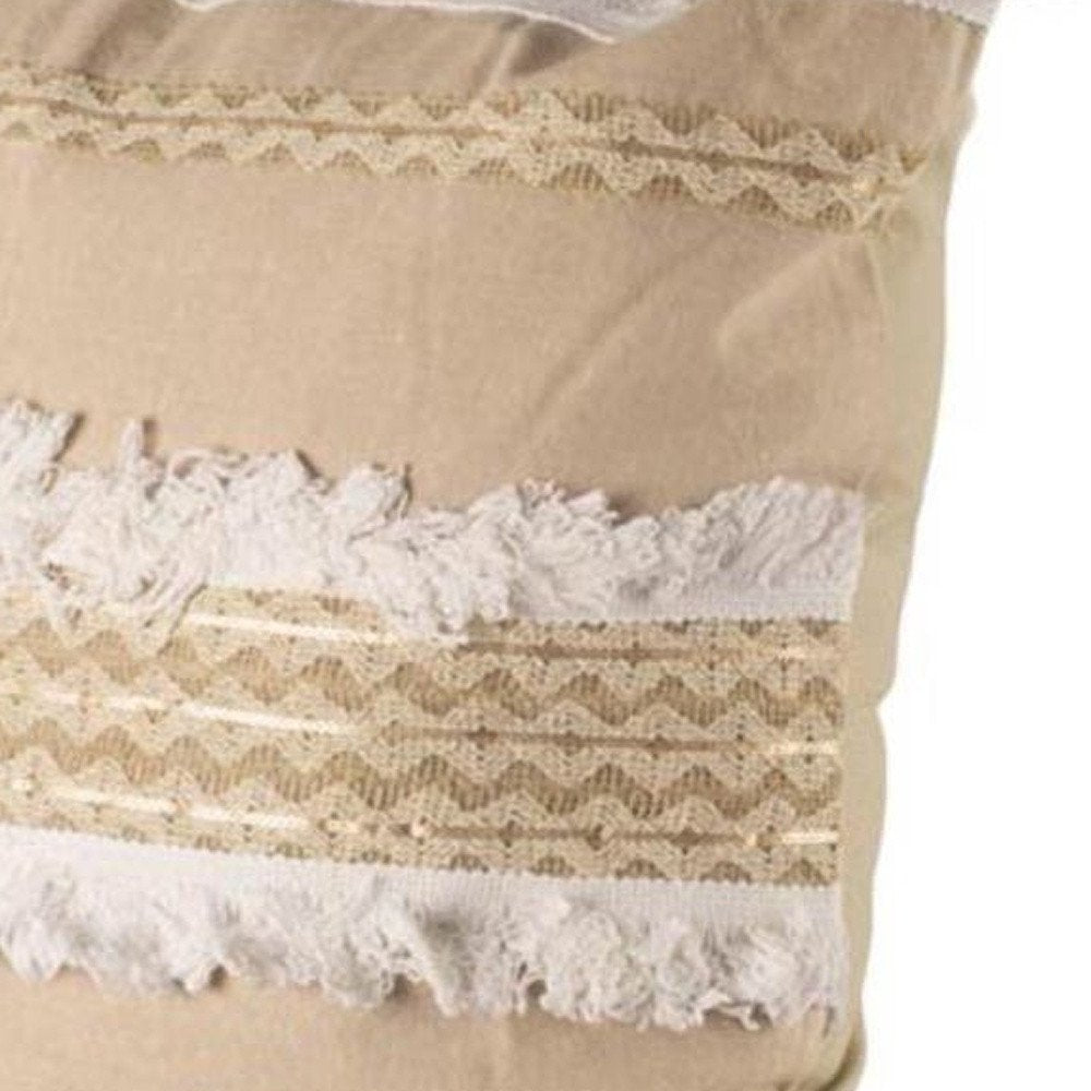 22" Tan And White Geometric Linen Throw Pillow Cover with Fringe — view 3