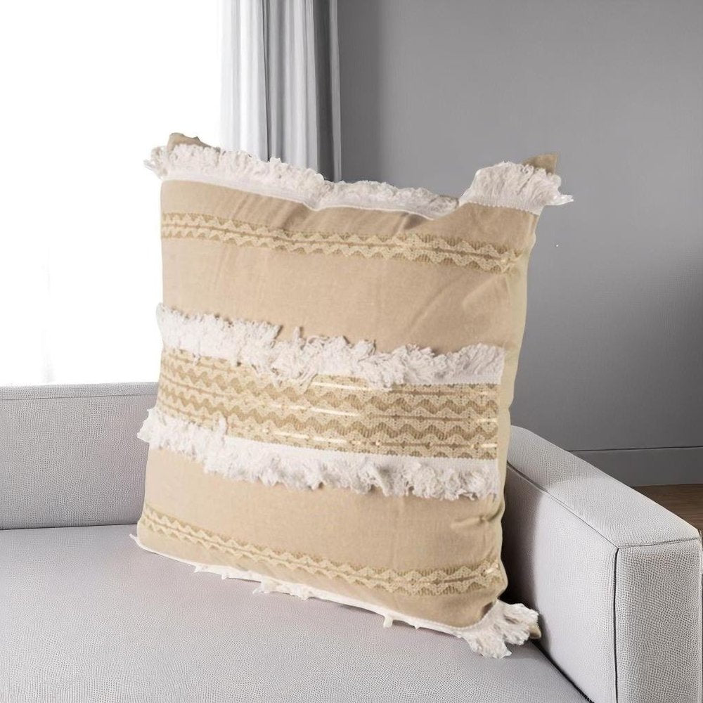 22" Tan And White Geometric Linen Throw Pillow Cover with Fringe — view 5