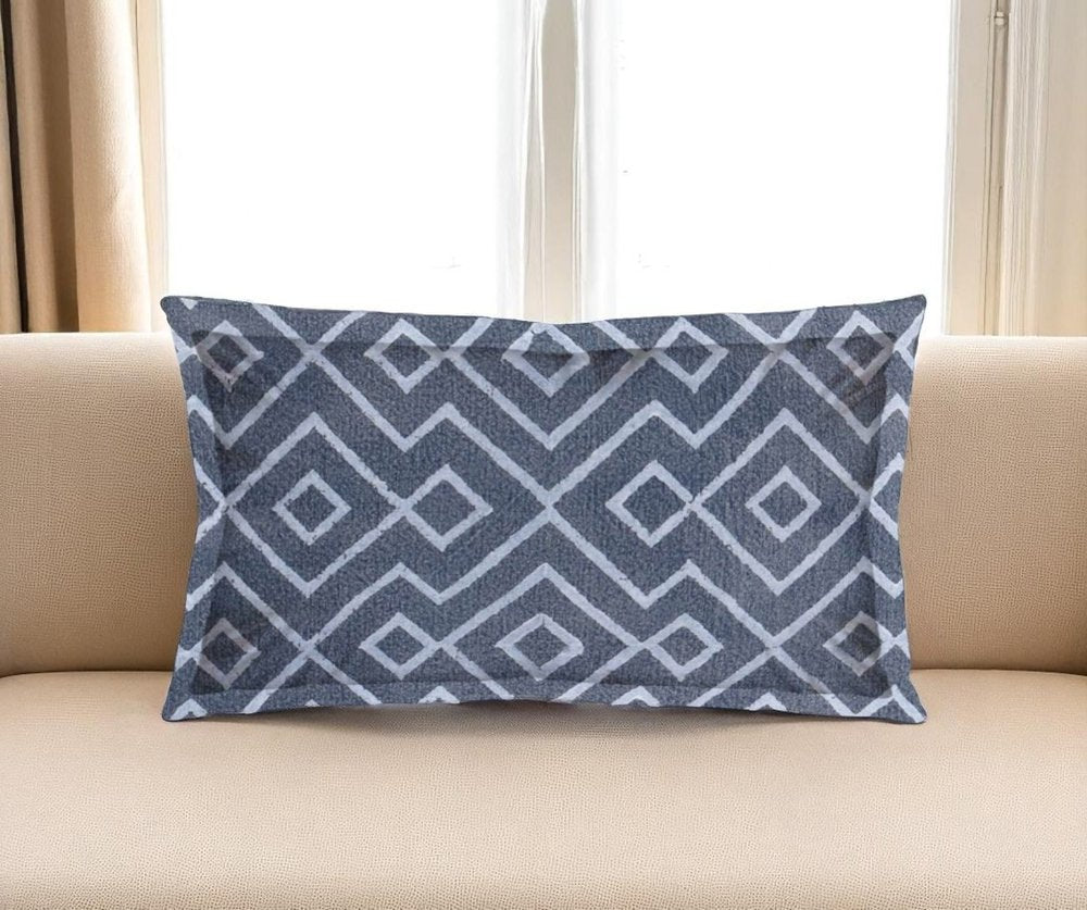 13" X 21" Blue And Gray Diamond Linen Throw Pillow Cover with Embroidery — view 5