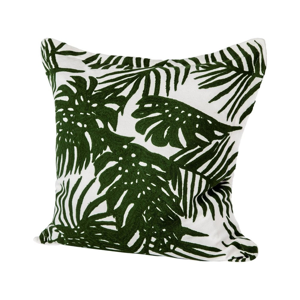 20" Green And White Tropical Botanical Linen Throw Pillow Cover with Embroidery — view 1
