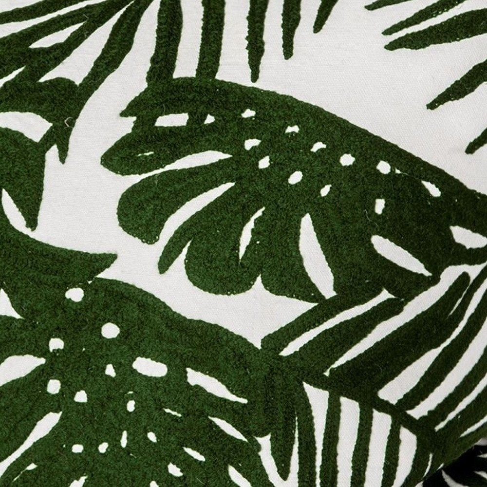 20" Green And White Tropical Botanical Linen Throw Pillow Cover with Embroidery — view 2
