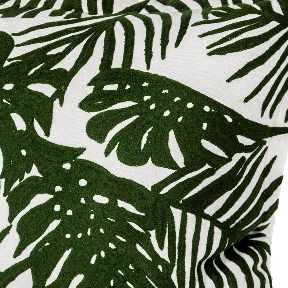 20" Green And White Tropical Botanical Linen Throw Pillow Cover with Embroidery — view 3