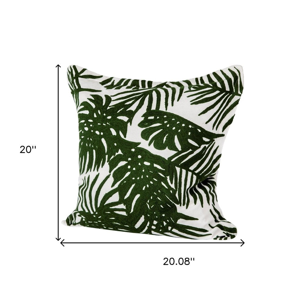 20" Green And White Tropical Botanical Linen Throw Pillow Cover with Embroidery — view 4