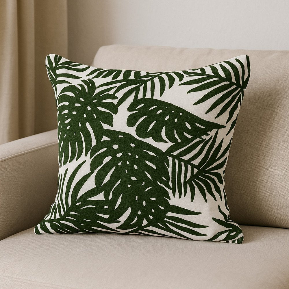 20" Green And White Tropical Botanical Linen Throw Pillow Cover with Embroidery — view 5
