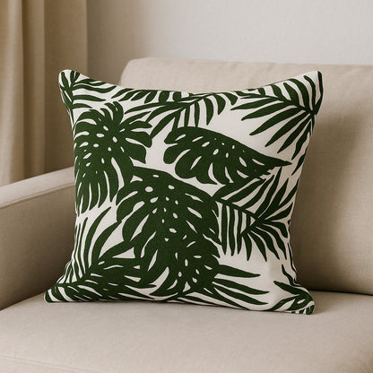 20" Green And White Tropical Botanical Linen Throw Pillow Cover with Embroidery