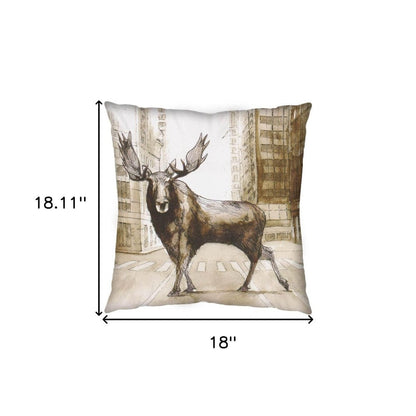 18" Brown And Cream Moose Linen Throw Pillow Cover