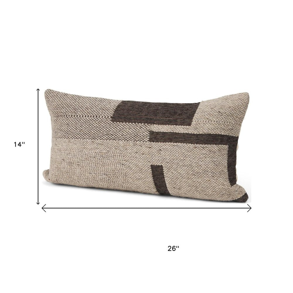 14" X 26" Beige And Dark Brown Lumbar Color Block Wool Blend Throw Pillow Cover with Texture
